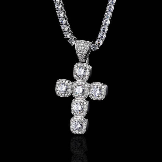 Princess Cross Clustered Tennis Pendant White Gold (With chain)