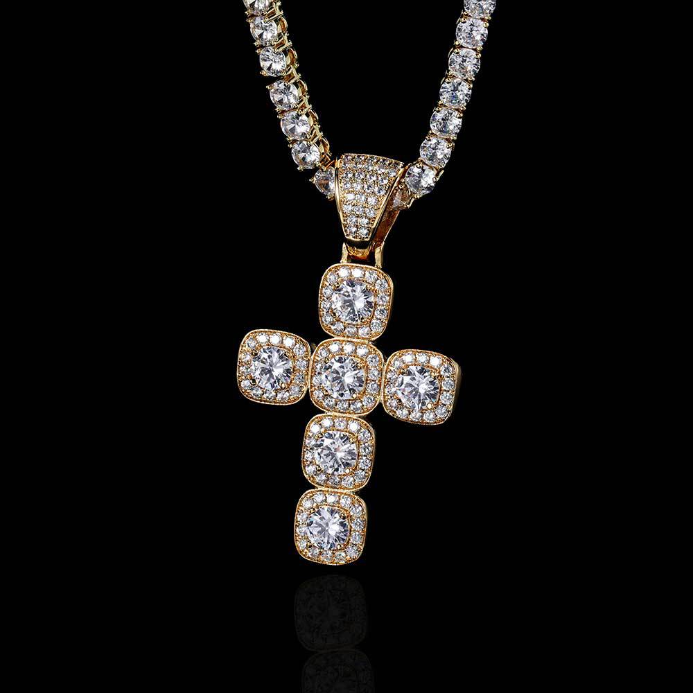 Princess Cross Clustered Tennis Pendant Gold (With chain)